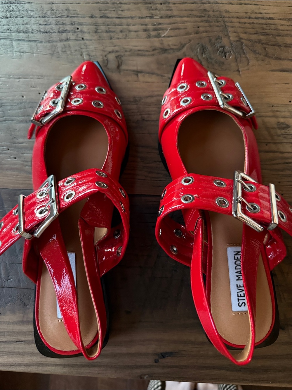 Steve Madden Red Patent Pointed-Toe Flats with Buckle Straps